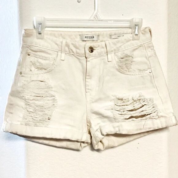 GUESS Women's Boy Fit Destroyed Denim Shorts Off-white Size‎ 25 - Picture 12 of 13